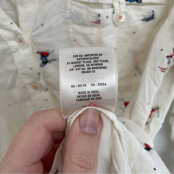 Maeve Anthropologie Skiers Pattern Off White Button Down Collared Shirt Size 0 - Picture 6 of 8